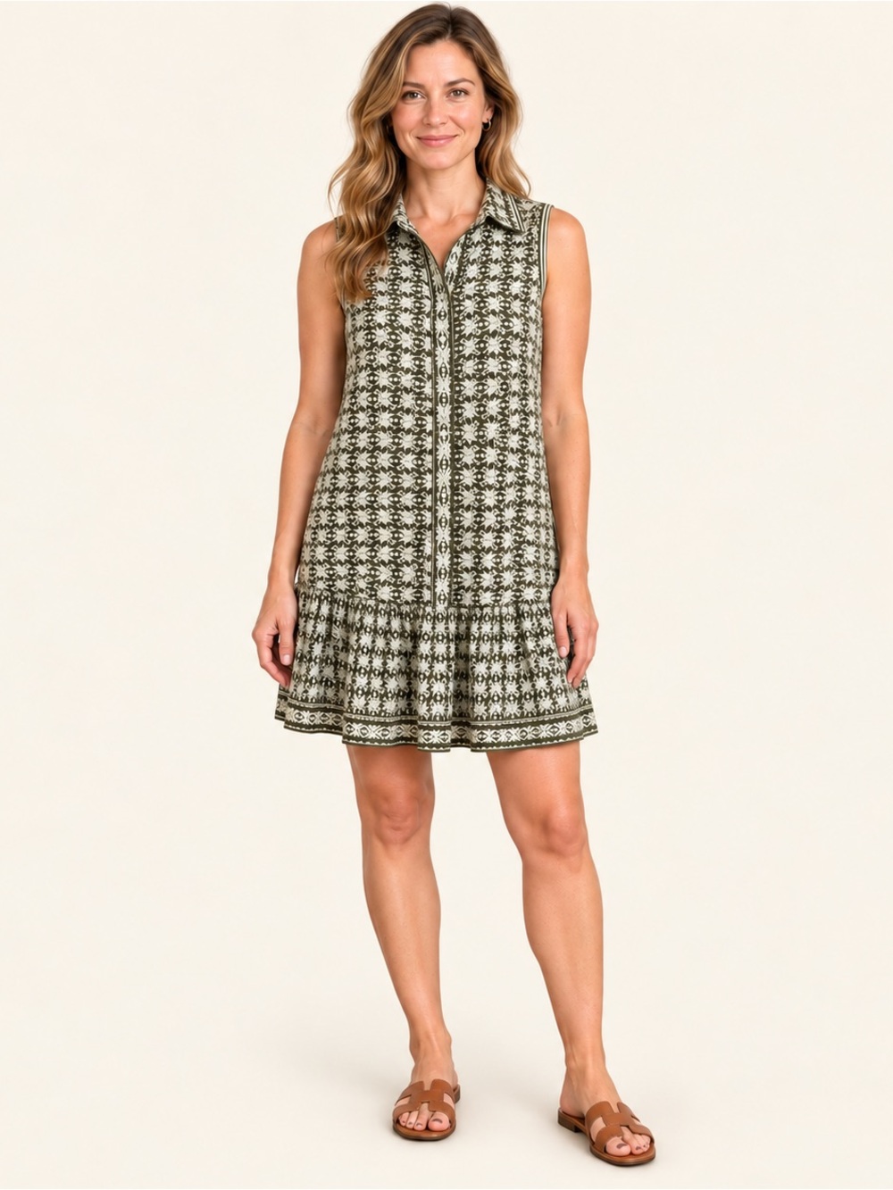 NWT Max Studio London Olive Print Sleeveless Shirt Dress Small